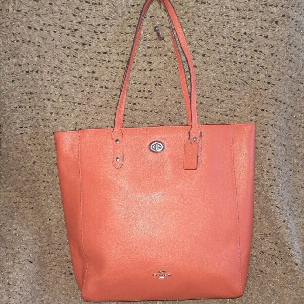 COACH-Turn Lock Town Tote-Scarlet Red Pebbled Leather-Silver Hardware-NEW